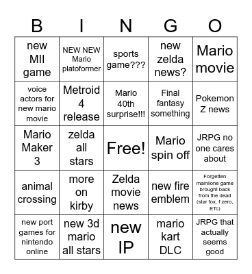 NIntendo Direct 9/12 Bingo Card