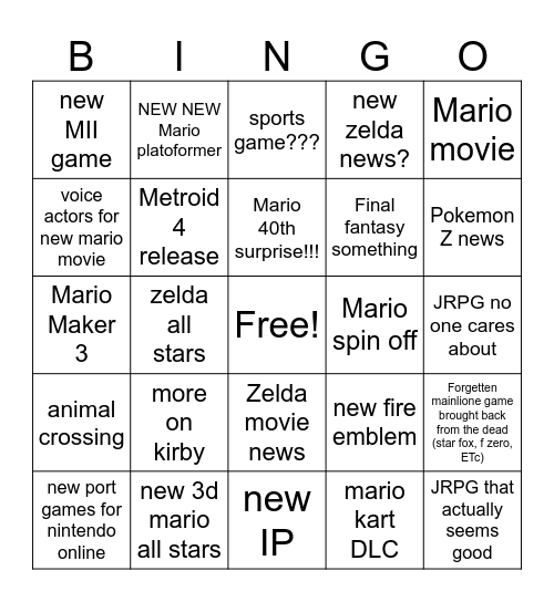 NIntendo Direct 9/12 Bingo Card