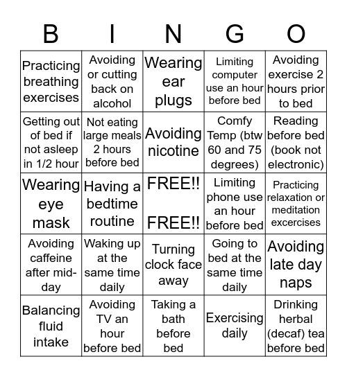 Healthy Sleep Habit Bingo Card