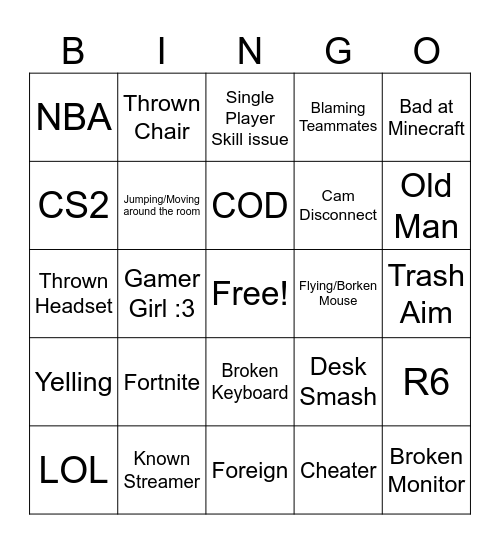 Gamer Rage Bingo Card