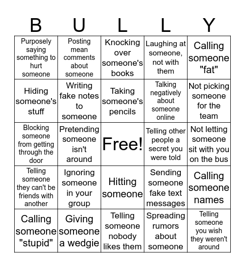 Bully Proof Bingo Card