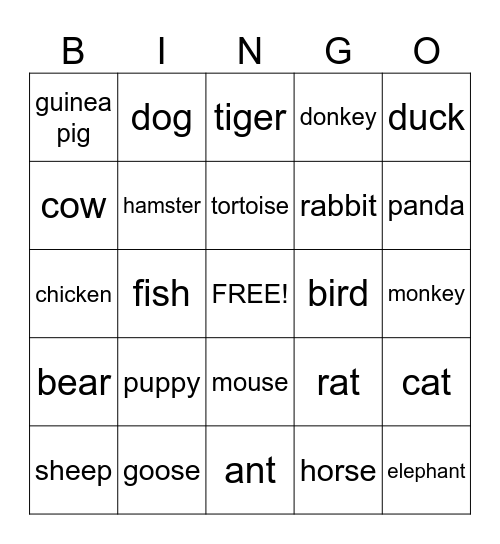 What is your favourite animal? Bingo Card