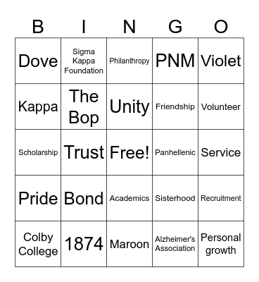 Sigma Kappa Bingo Card