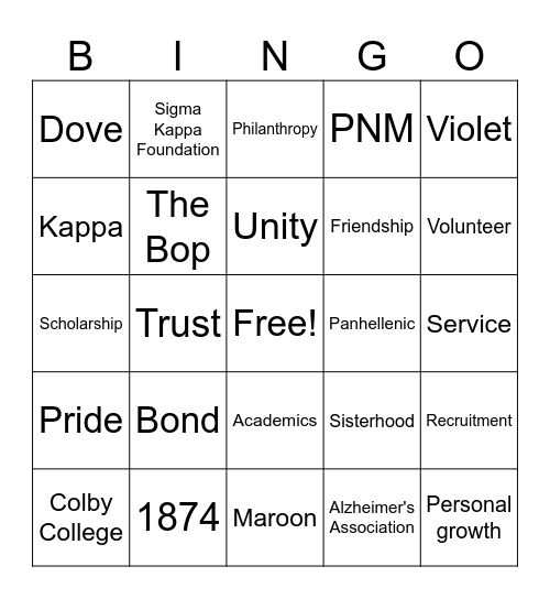 Sigma Kappa Bingo Card