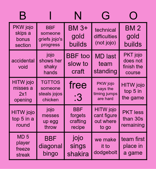 MCC Builders' Guild - Pink Parrots BINGO Card