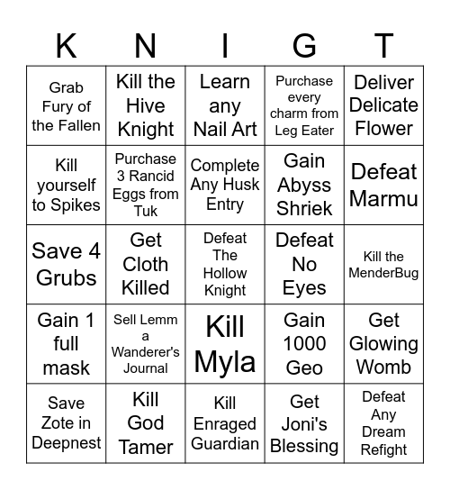 Hollow Knight Bingo Card