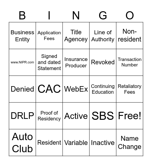 Agent Licensing Bingo Card
