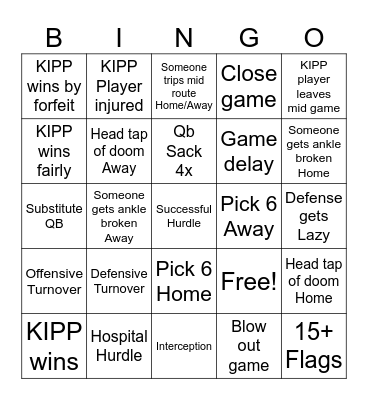 KIPP FIRST Football Game Bingo Card