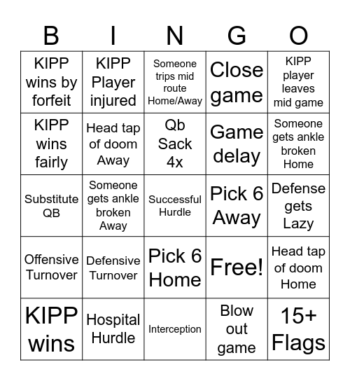 KIPP FIRST Football Game Bingo Card