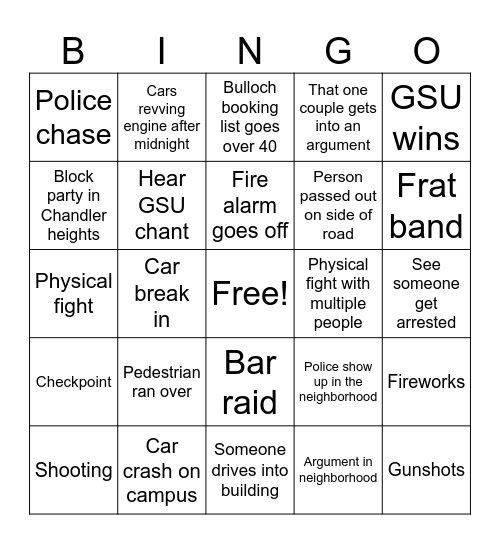 Statesboro Gameday Weekend Bingo Card