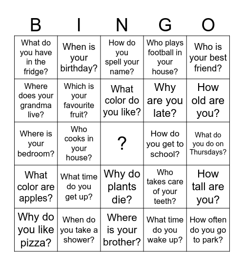 WH- question BINGO Card