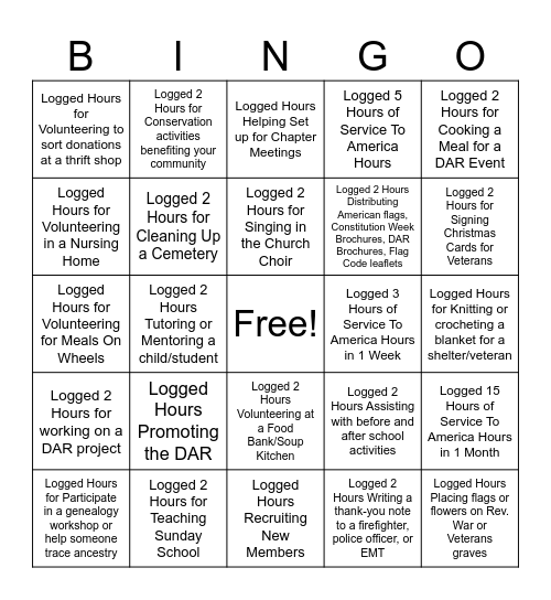 Logging Service To America Hours Bingo Card
