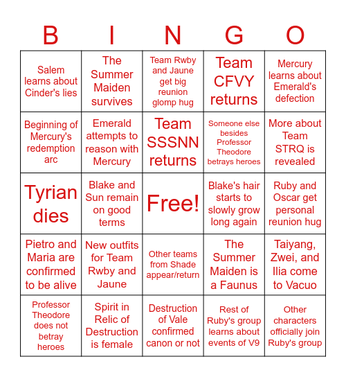 RWBY Volume 10 Bingo Card