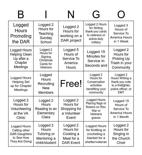 Logging Service To America Hours Bingo Card