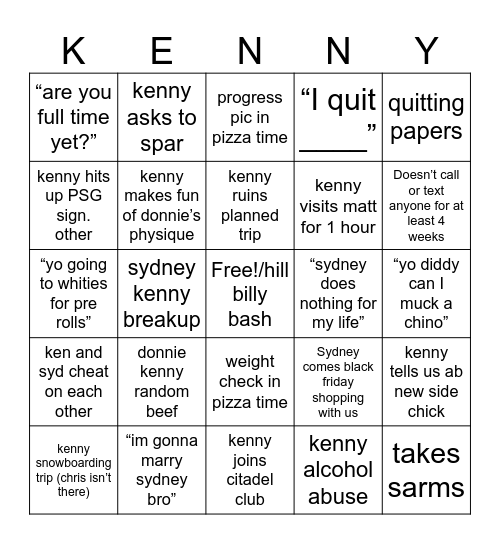 Kenny Bingo Card