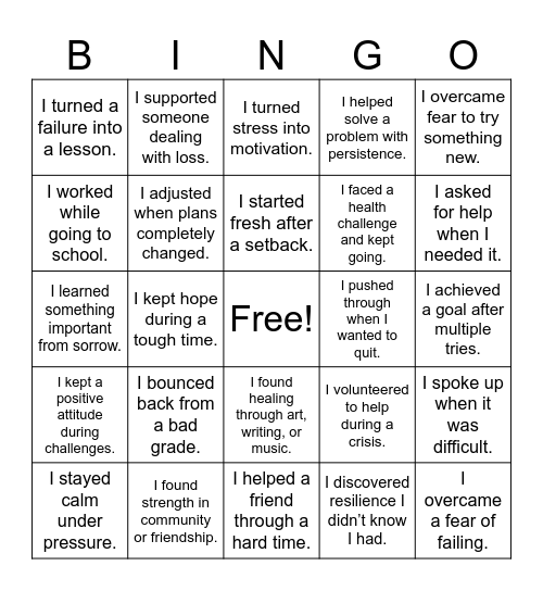 Resilience & Perseverance Bingo Card