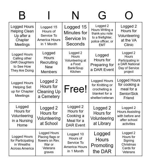 Logging Service To America Hours Bingo Card