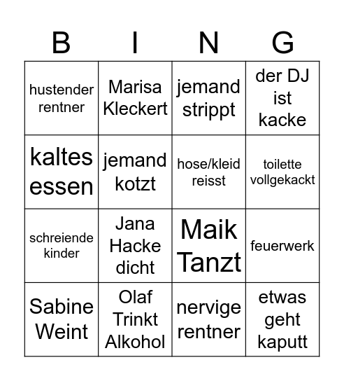 Hochzeit Bingo Card
