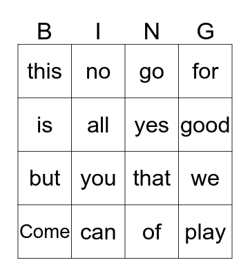 Sight words  Bingo Card