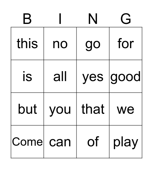 Sight words  Bingo Card