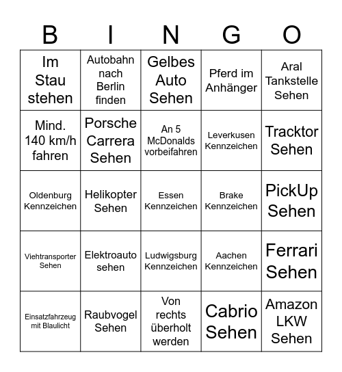 Autofahrt Bingo Card