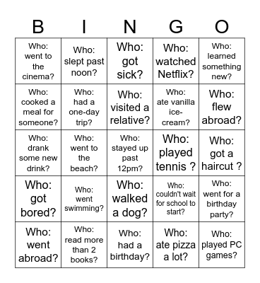 Back-to-School Bingo - What did you do over the holiday? Bingo Card