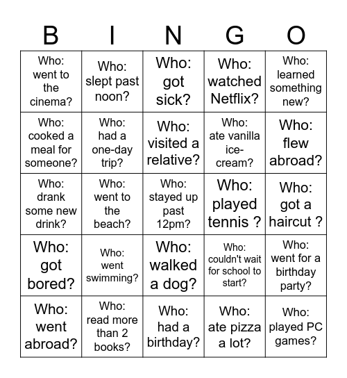 Back-to-School Bingo - What did you do over the holiday? Bingo Card
