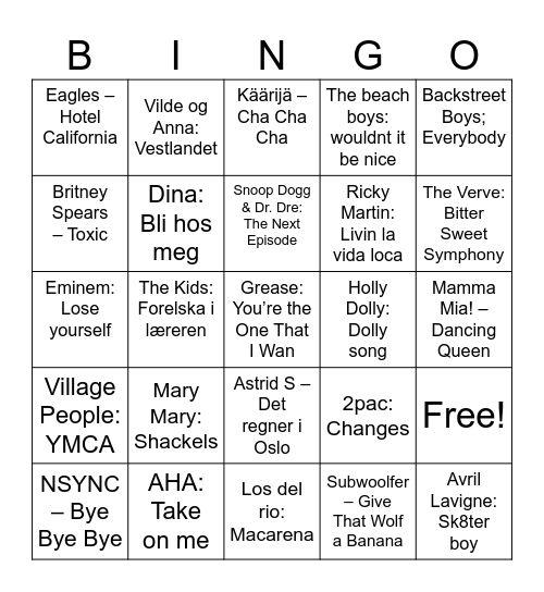 Susanne's musikkbingo Card