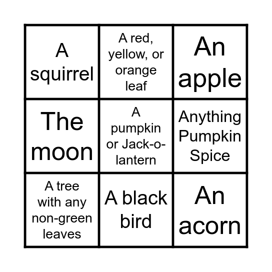 Fall College Picture Bingo Card