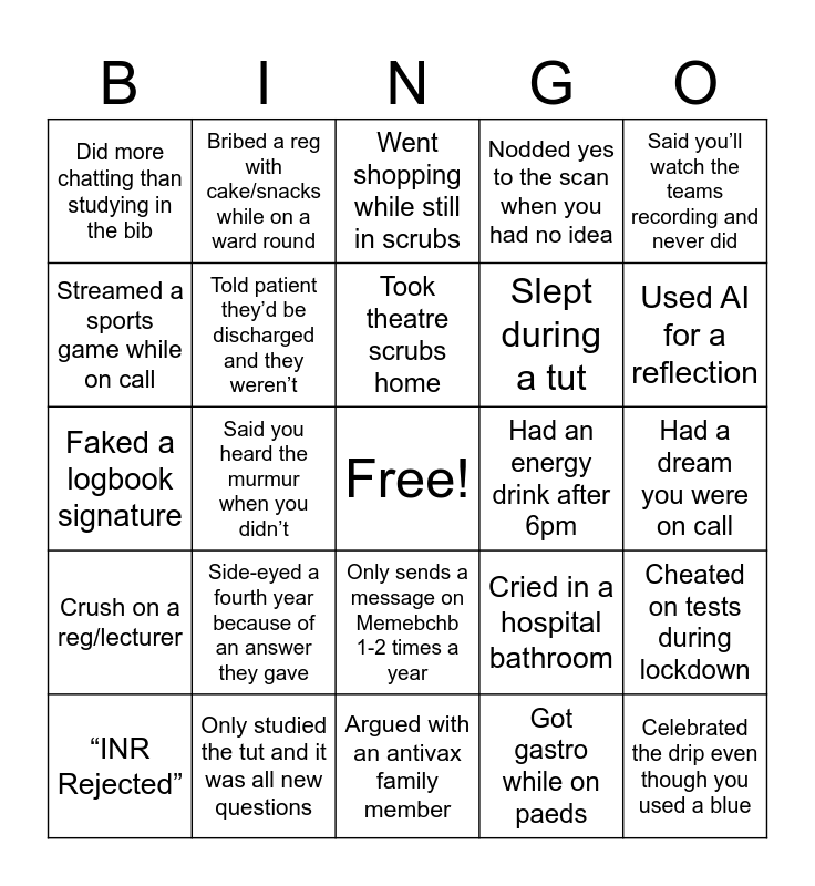 Med student bingo 2 Bingo Card