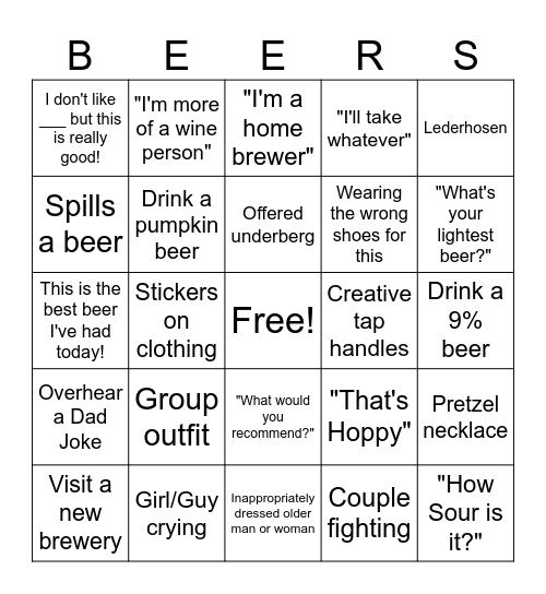 Beer Festival Bingo Card