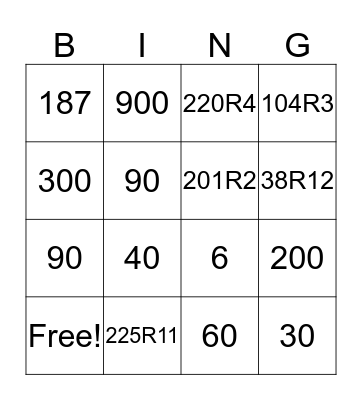 Division Bingo Card