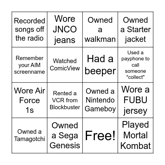 90's Bingo (You can only use each name once) Bingo Card