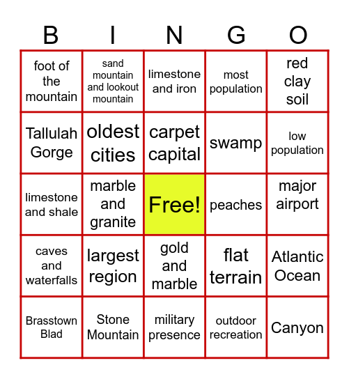 Georgia Regions BINGO Card