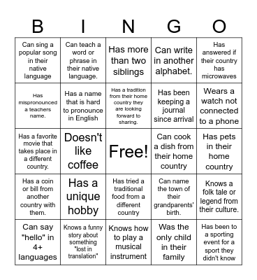 AFS Post Arrival Orientation Bingo Card