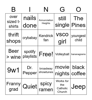 Sarah Bingo Card