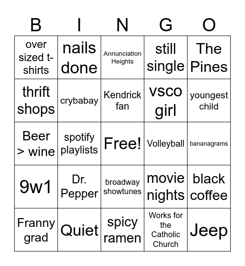 Sarah Bingo Card