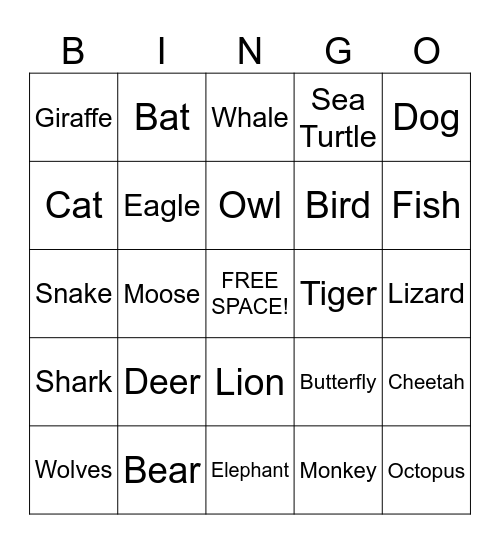 Animal Bingo Card