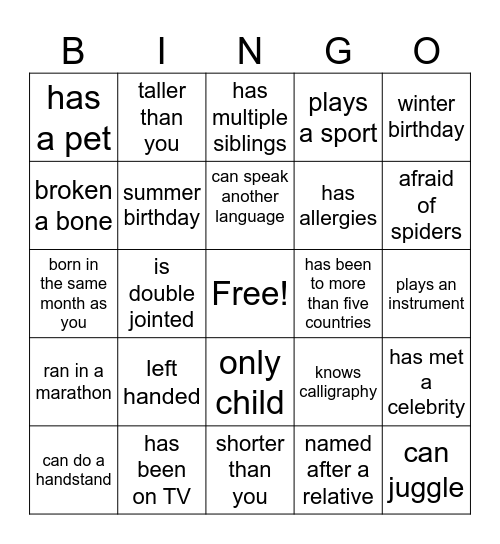 Get to know each other - LIVE LOUD Bingo Card