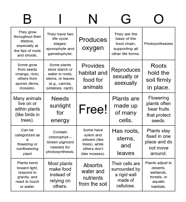 Plant Characteristics Bingo Card