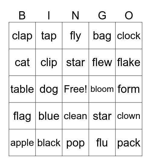 Spelling words Bingo Card