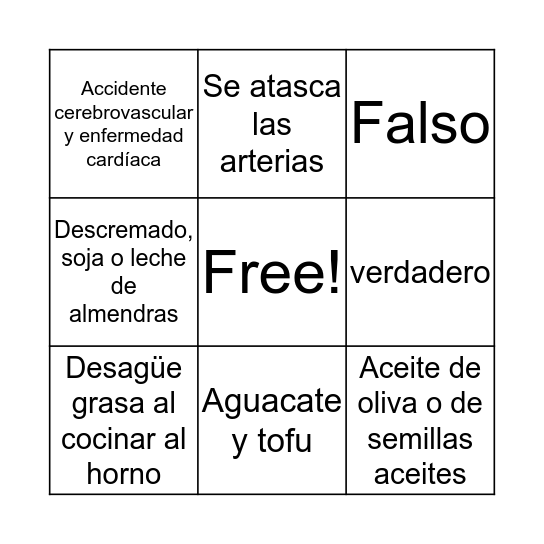 Colesterol Bingo Card