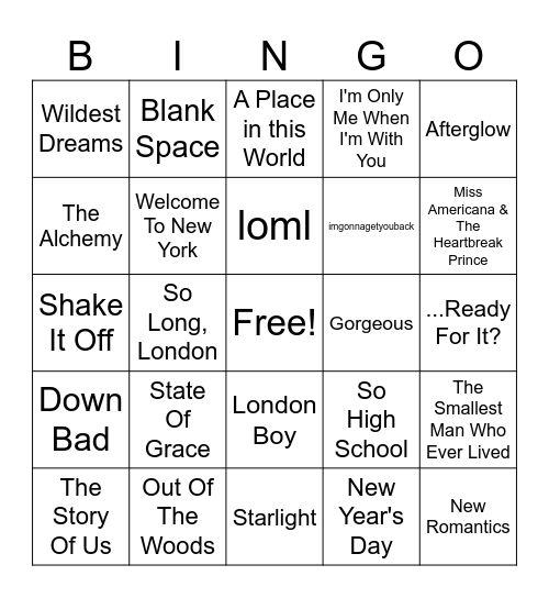 Taylor Swift Bingo Card
