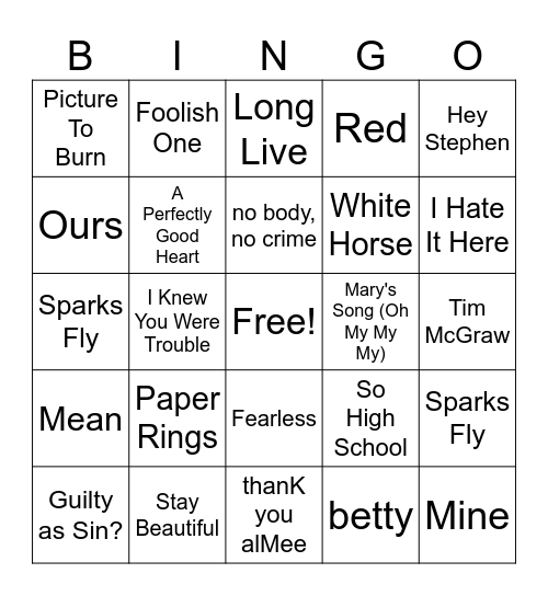 Taylor Swift Country Bingo Card