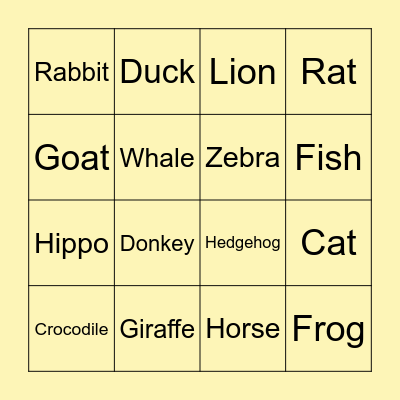 Animal Bingo Card