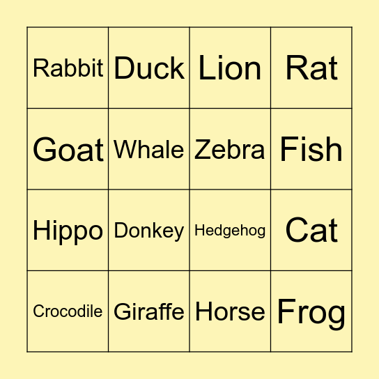 Animal Bingo Card