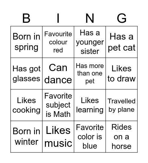 Classmate Bingo Card
