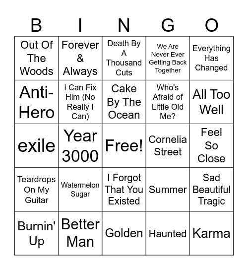 Taylor and Her Exes Bingo Card