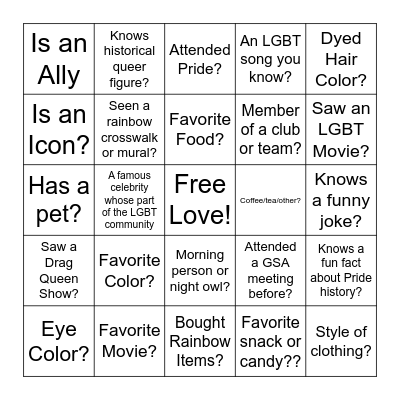GSA Bingo (2SLGBTQIA+) Bingo Card