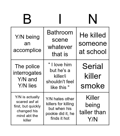 Serial killer x reader stereotype Bingo Card